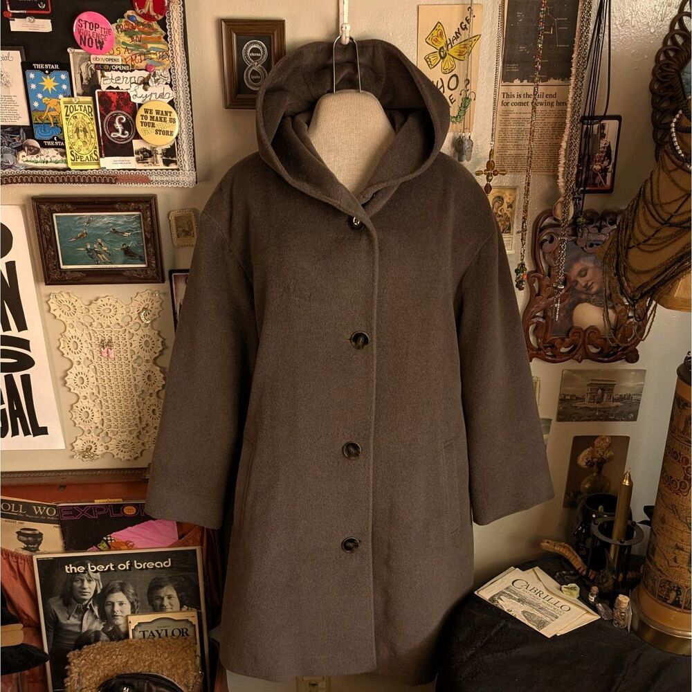 Vintage Hooded Wool Button Down Swing Coat Women's 12 Large Brown